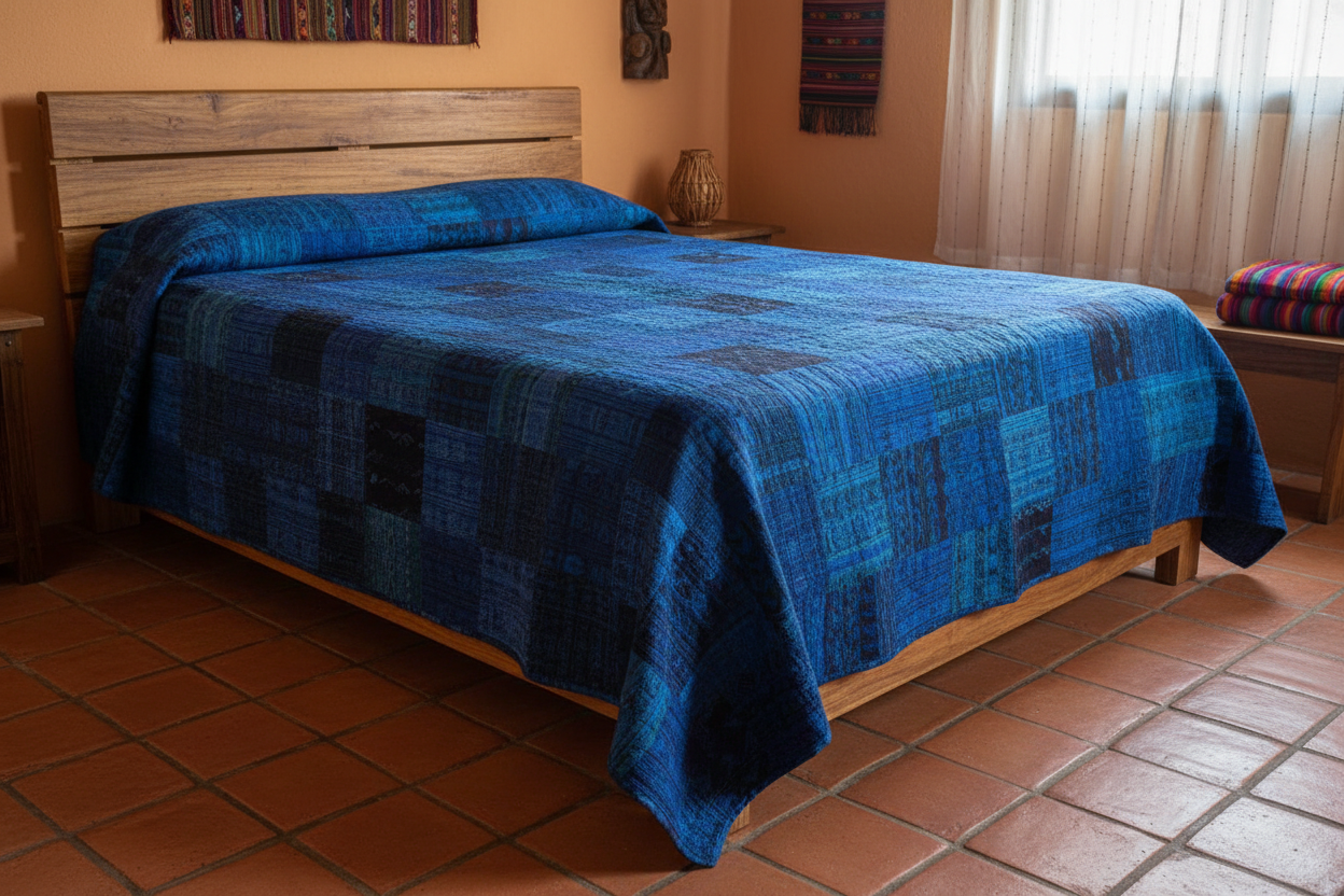 Handmade King-size Vivid Blue Guatemalan Patchwork Quilt Set