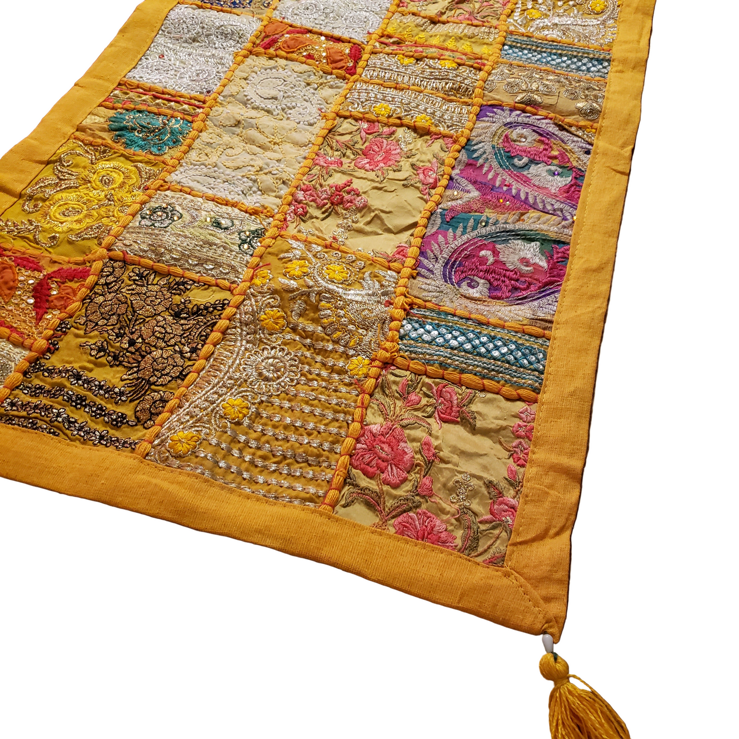 Handmade Gujarat Embroidered & Jeweled Table Runner & 6 Matching Placemat Set -Yellow/Gold