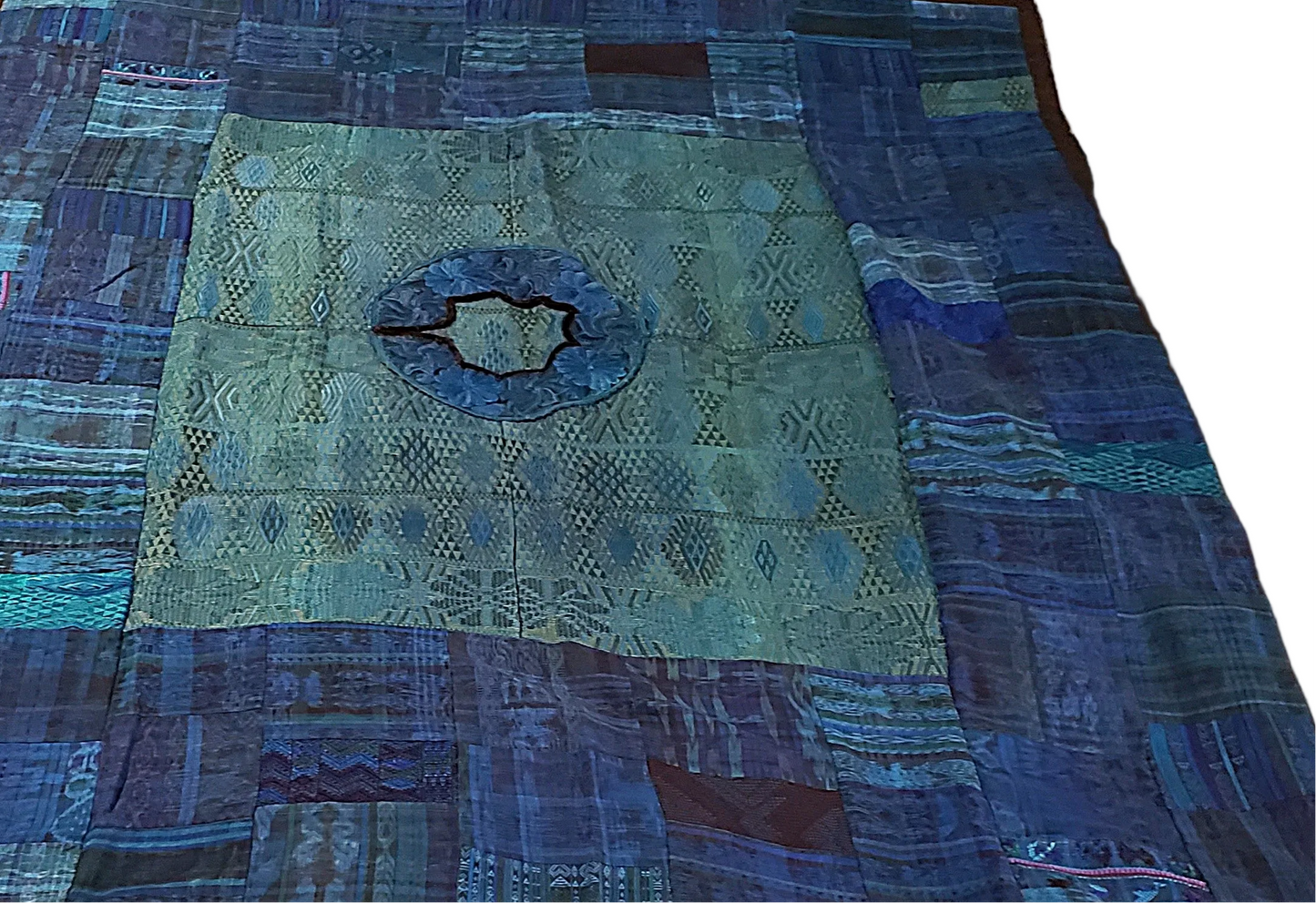 Vivid Blue & Green Guatemalan Huipile Throw Blanket