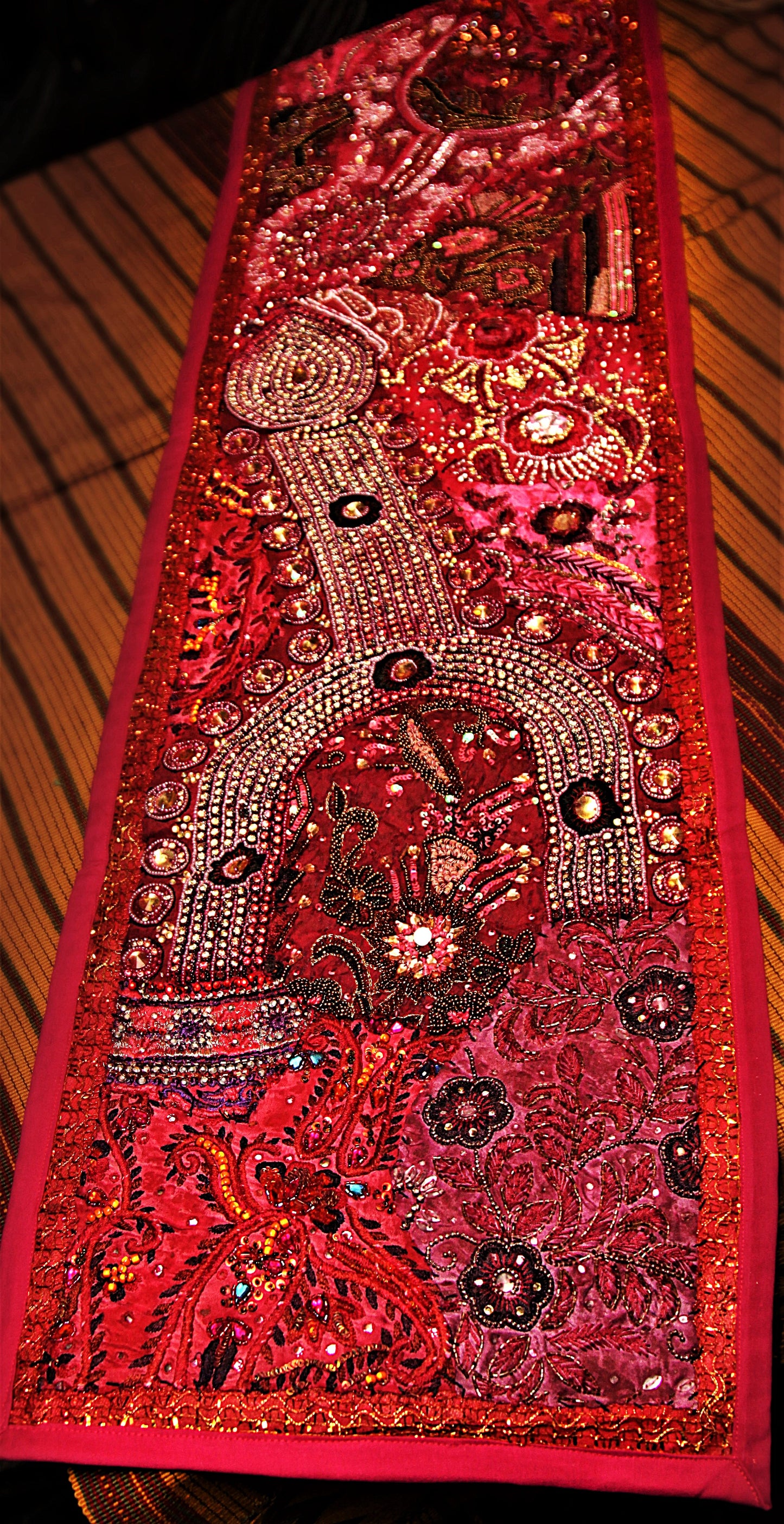 Stunning Red Handmade Embroidered & Jeweled Table Runner