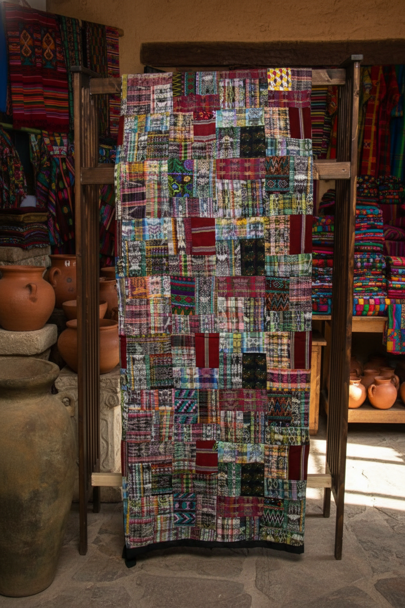 Handmade King-size Rose and Mixed Pastels Guatemalan Patchwork Quilt Set