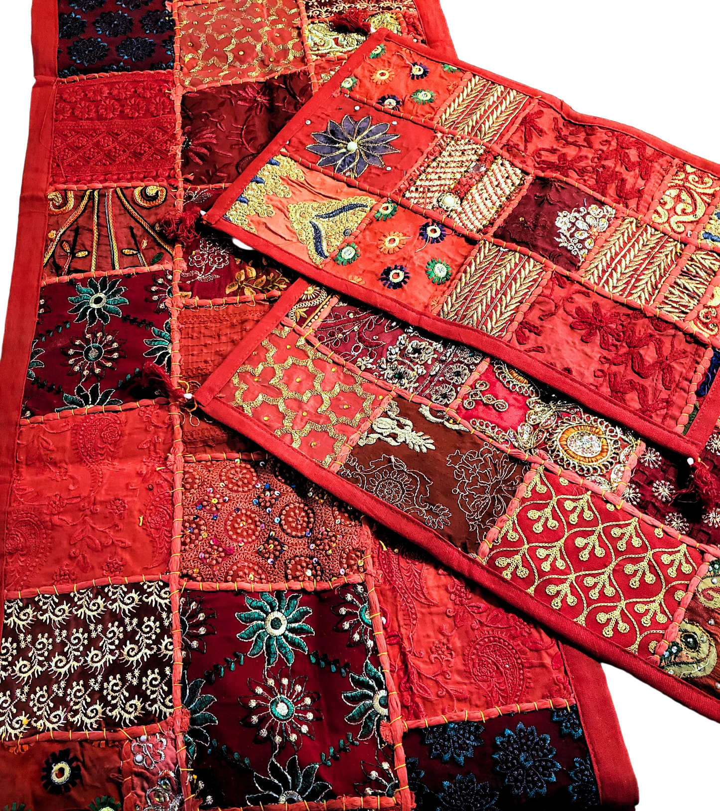 Handmade Gujarat Embroidered & Jeweled Table Runner & 6 Matching Placemats Set -Red Tones