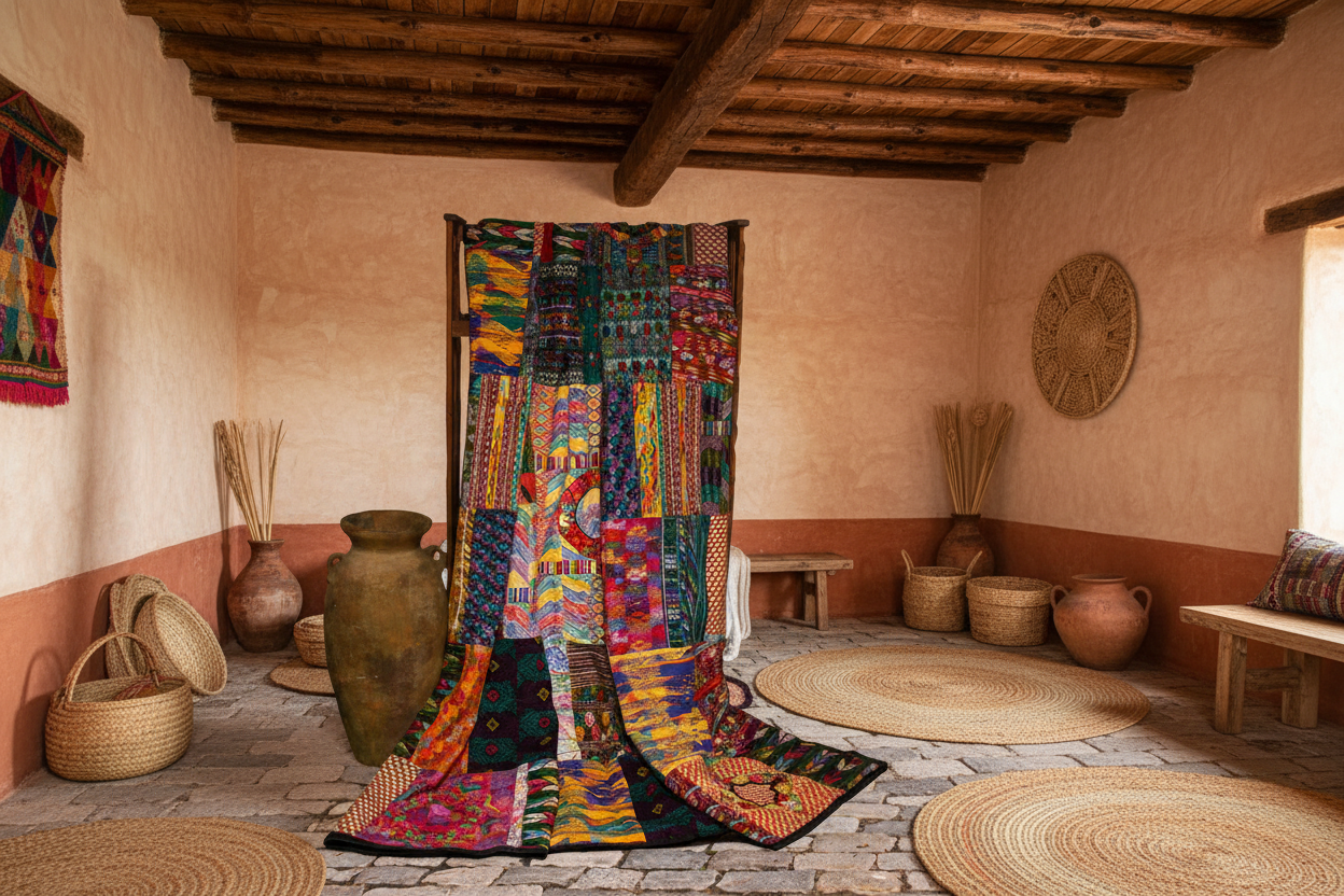 Queen-size Mixed Huipile Guatemalan Patchwork Quilt Set