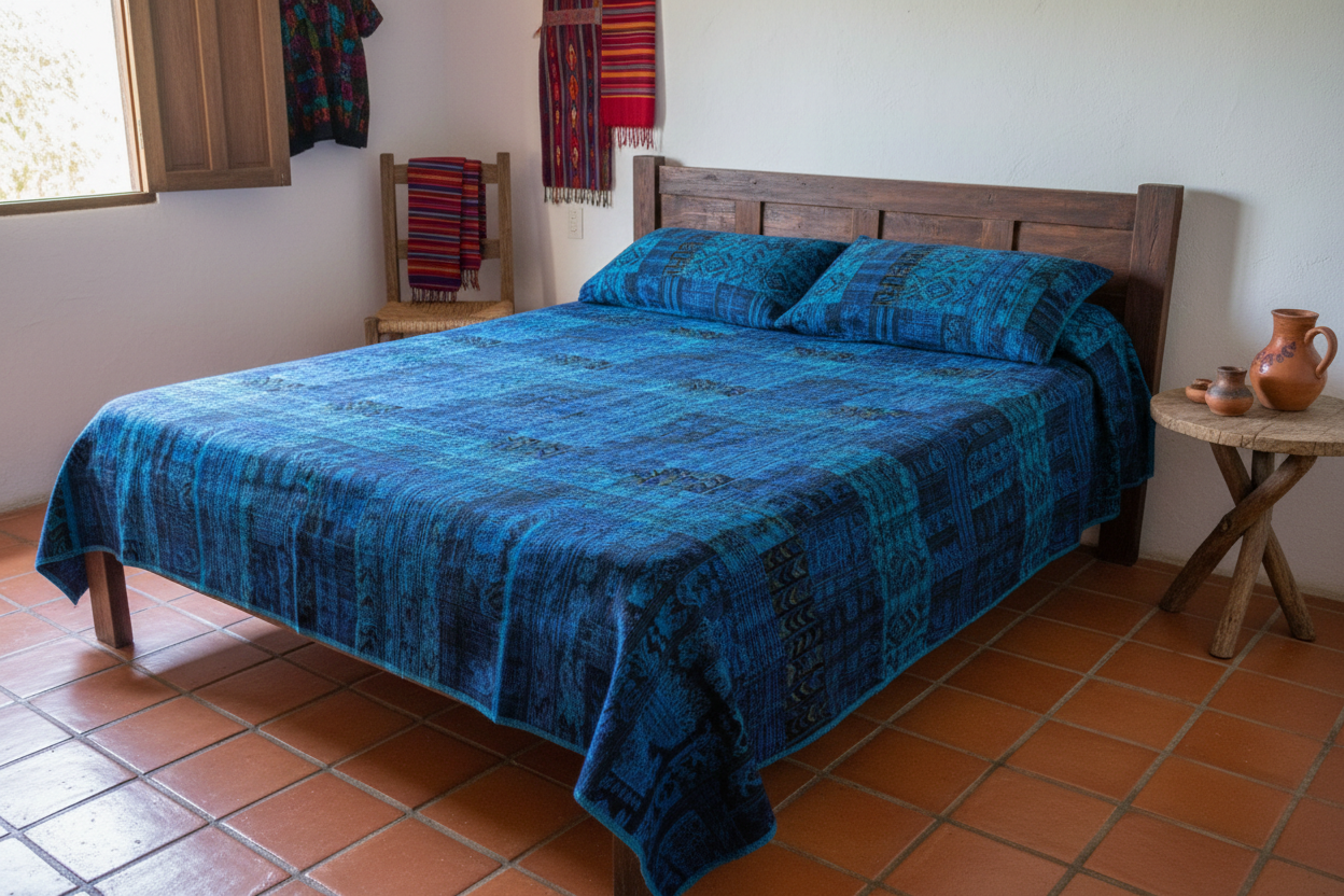 Handmade King-size Vivid Blue Guatemalan Patchwork Quilt Set