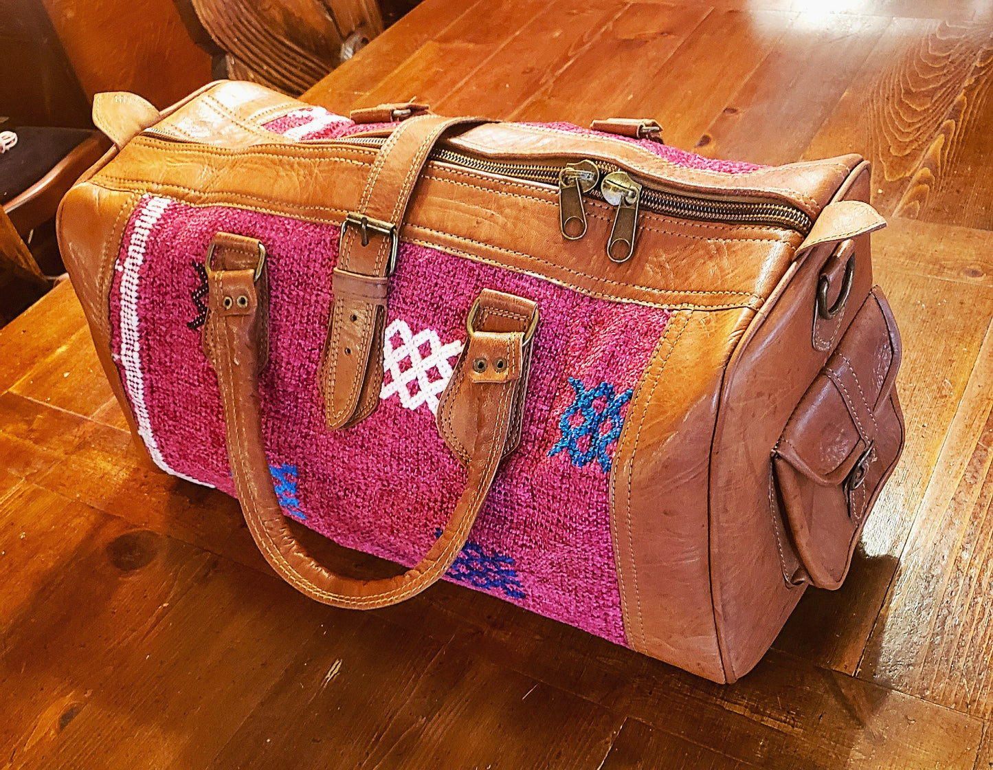 Handcrafted Rose Kilim & Leather Travel Bag