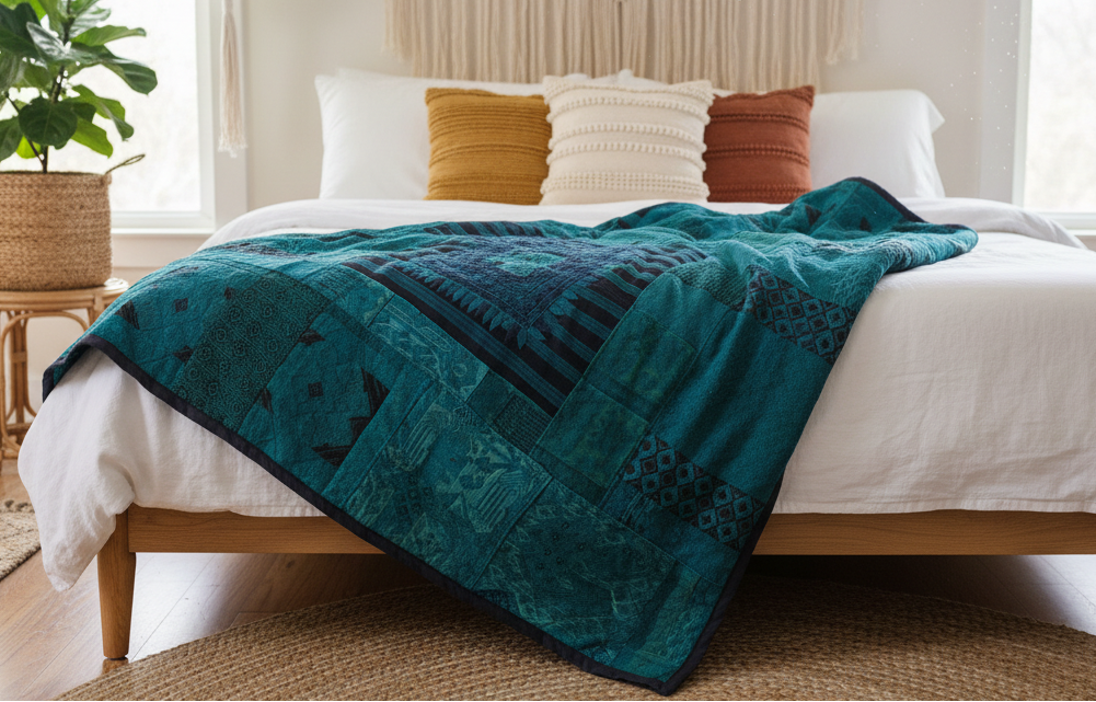 Emerald Green Guatemalan Huipile Throw Blanket