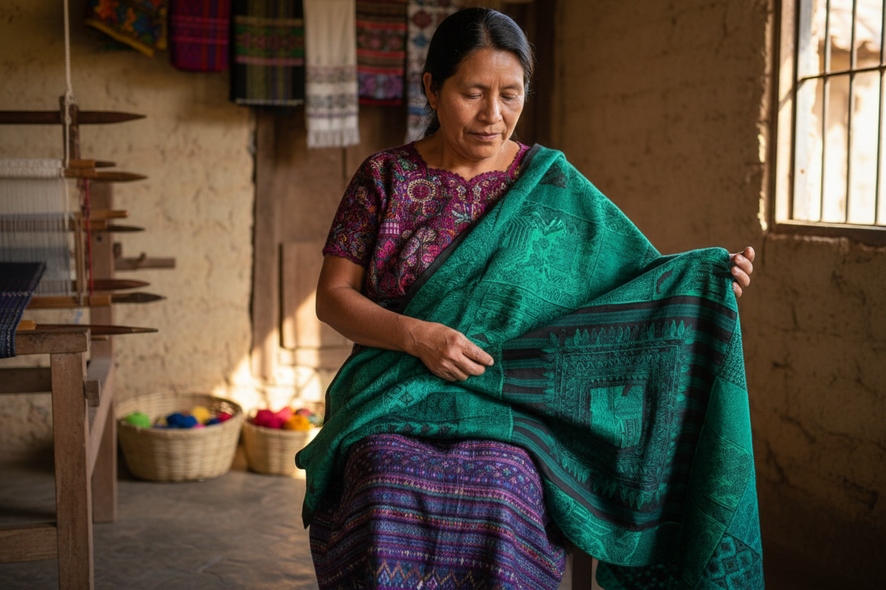 Emerald Green Guatemalan Huipile Throw Blanket
