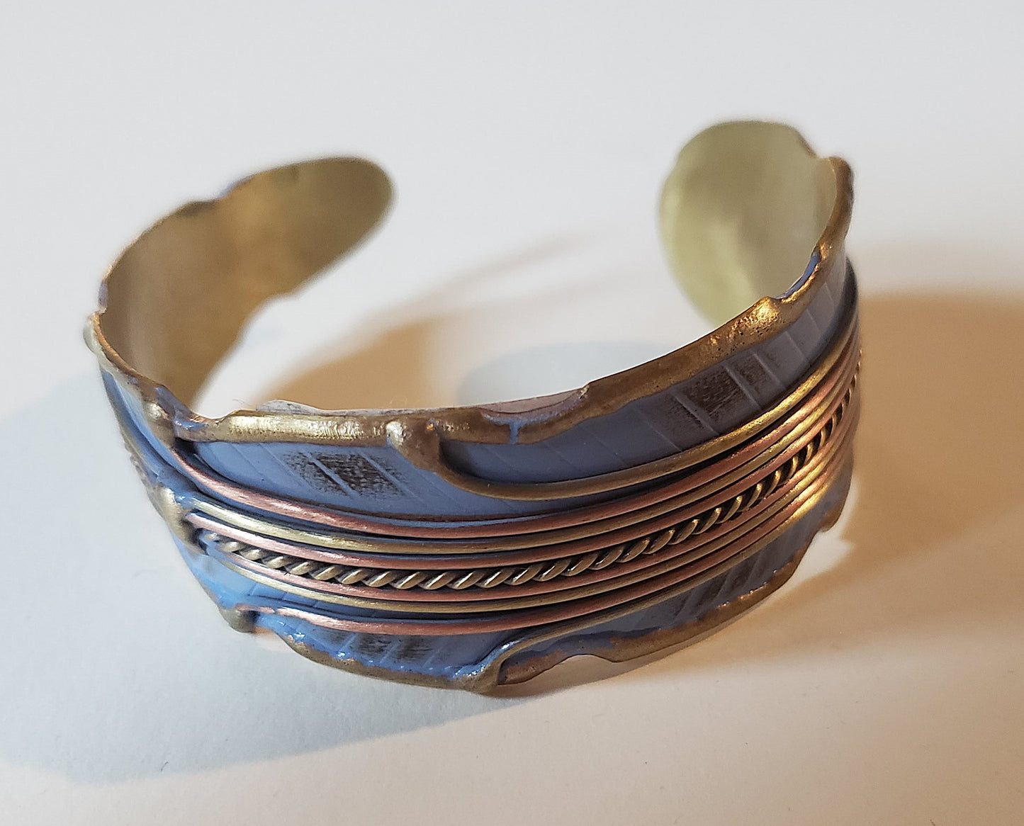 Brass Patina Cuff Bracelet - Blue Leaf