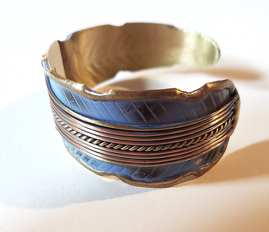 Brass Patina Cuff Bracelet - Blue Leaf