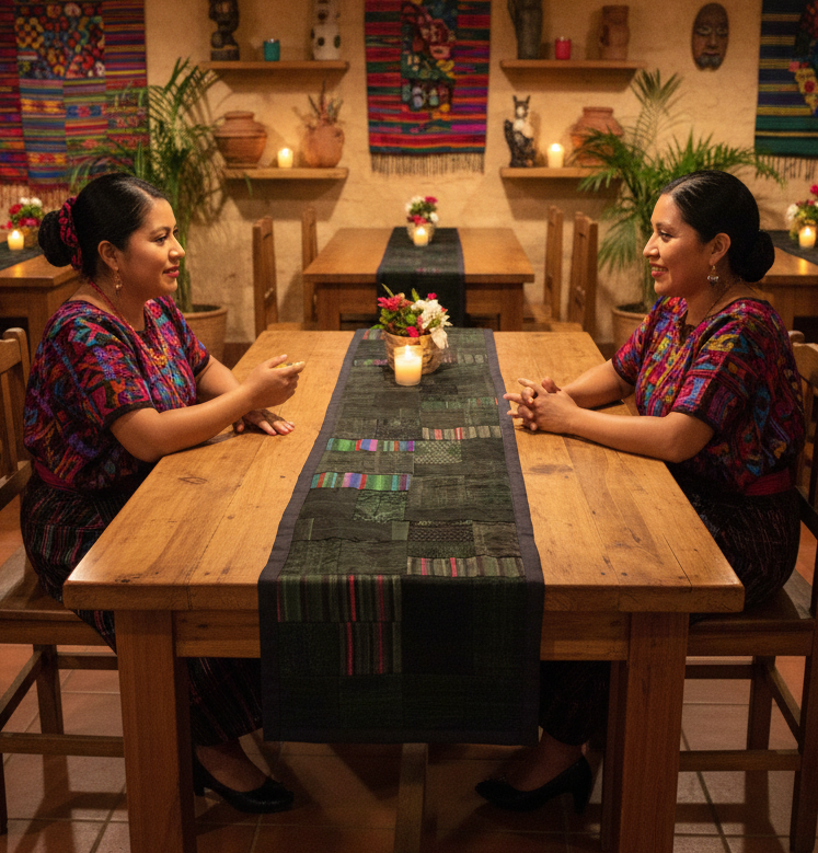 Forest Green Patchwork Huipil Table Runner | Authentic Guatemalan Artistry