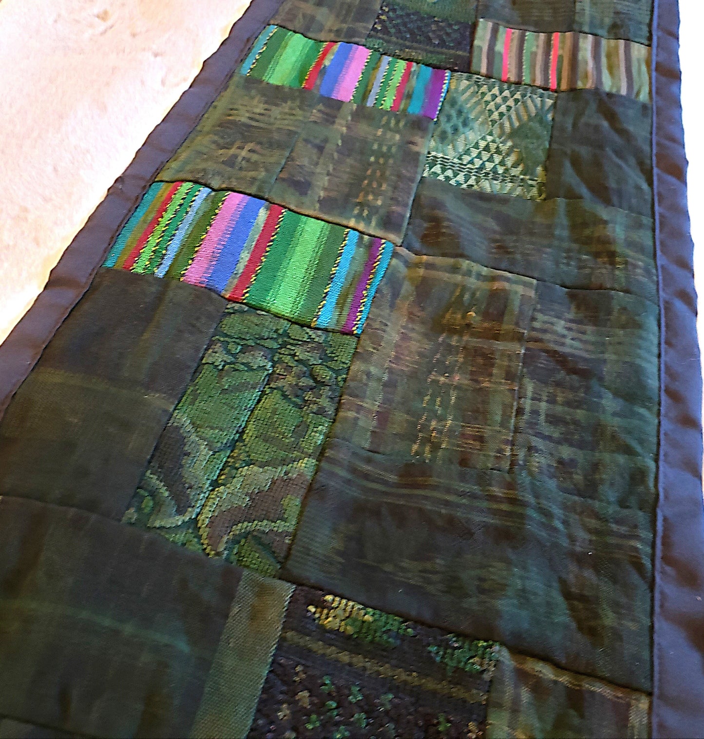 Forest Green Patchwork Huipil Table Runner | Authentic Guatemalan Artistry