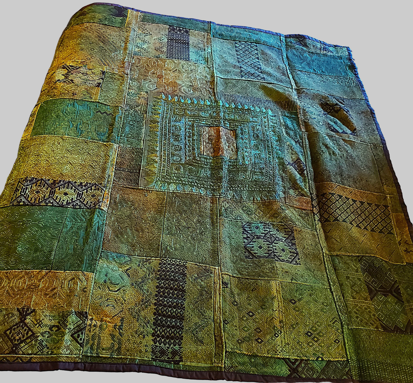 Rustic Green Guatemalan Huipile Throw Blanket