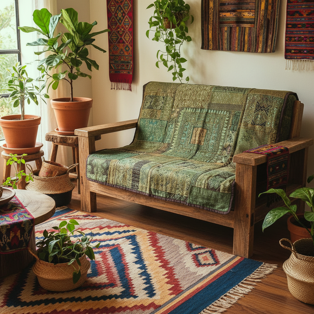 Rustic Green Guatemalan Huipile Throw Blanket