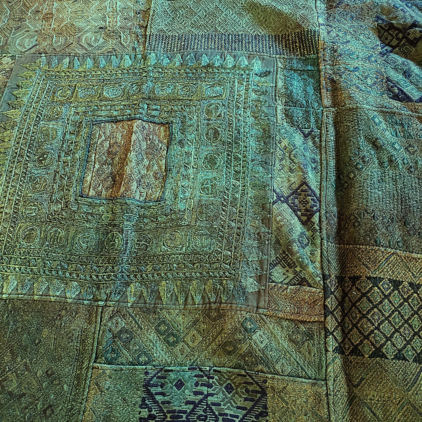 Rustic Green Guatemalan Huipile Throw Blanket