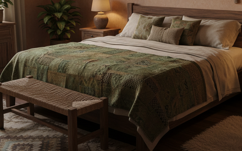 Rustic Green Guatemalan Huipile Throw Blanket