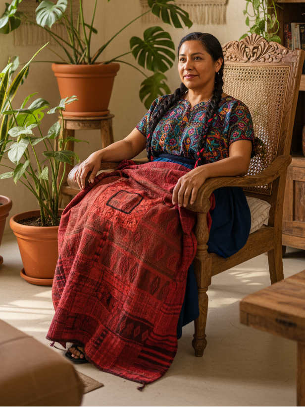 Rose Guatemalan Huipile Throw Blanket
