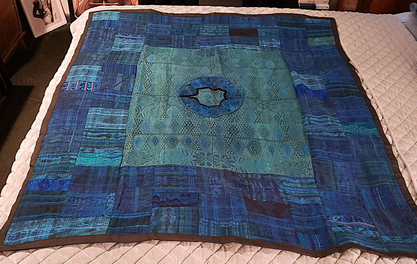 Beautiful Blue & Green Guatemalan Huipile Throw Blanket