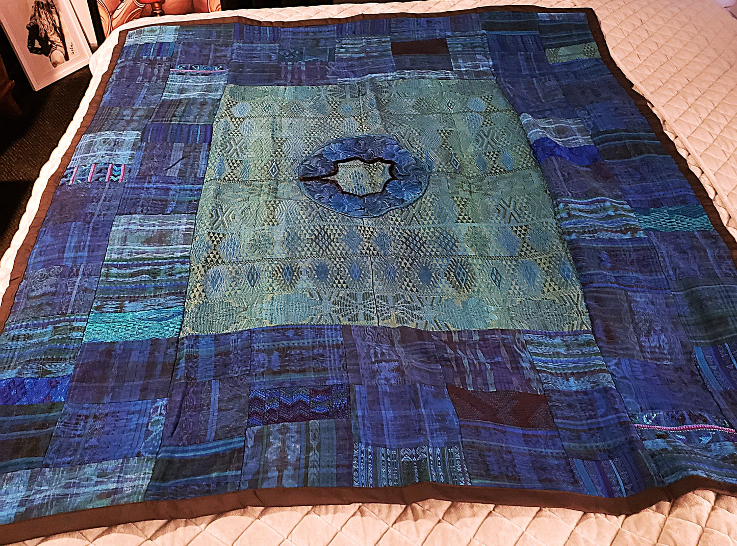 Beautiful Blue & Green Guatemalan Huipile Throw Blanket