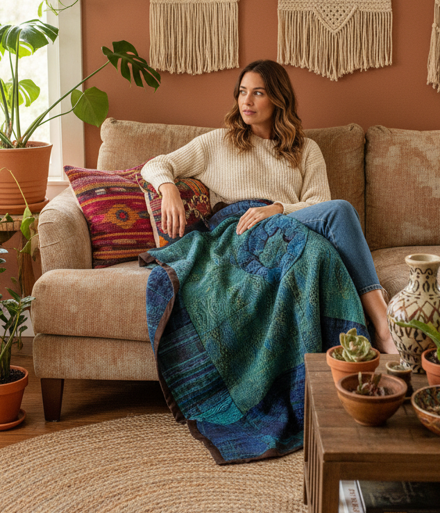 Beautiful Blue & Green Guatemalan Huipile Throw Blanket