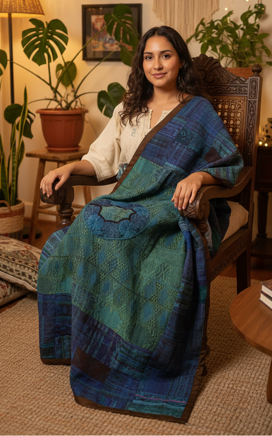 Vivid Blue & Green Guatemalan Huipile Throw Blanket