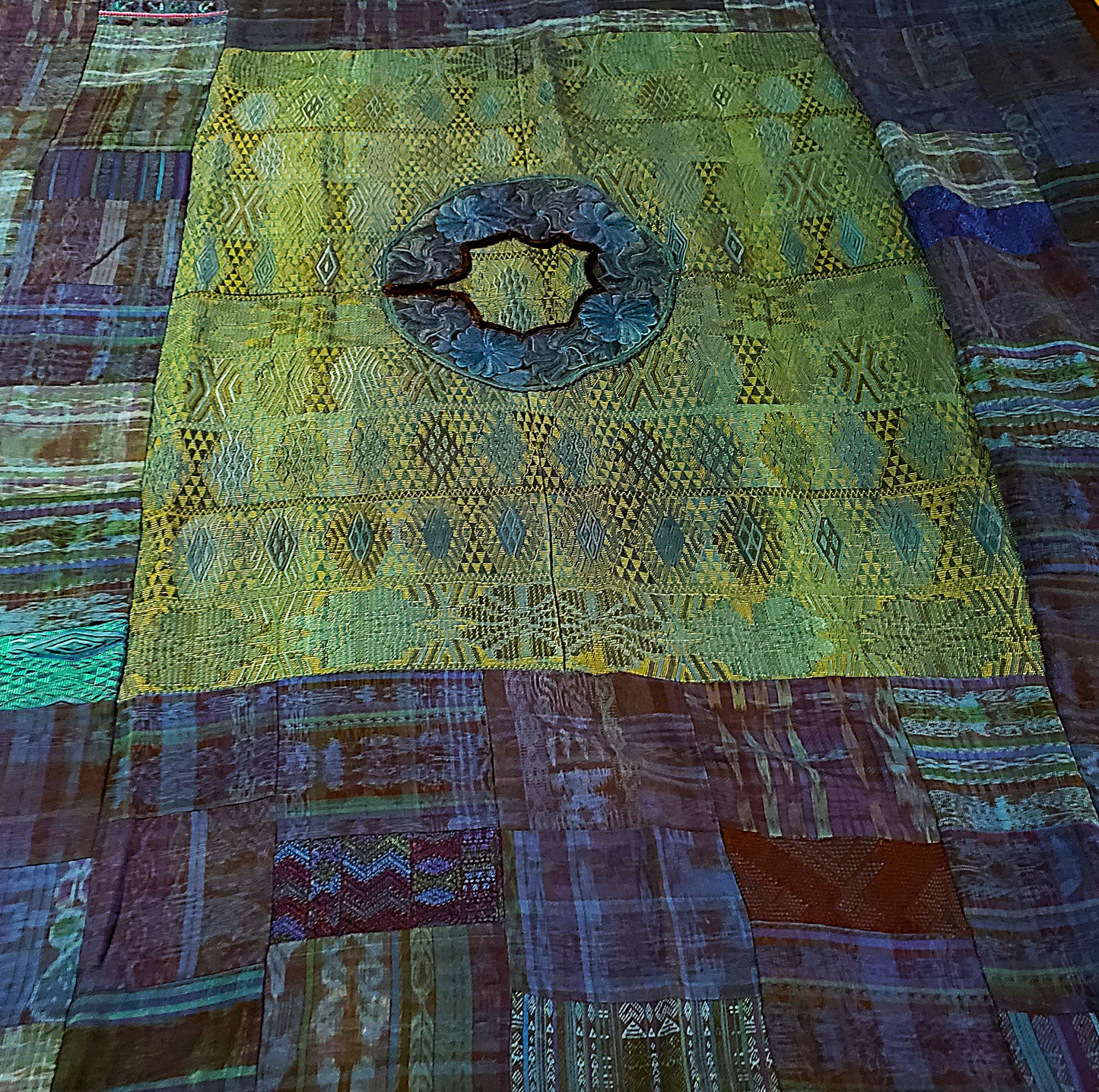 Vivid Blue & Green Guatemalan Huipile Throw Blanket