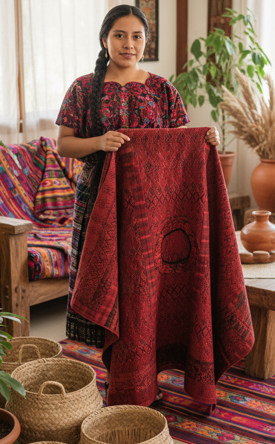 Red Guatemalan Embroidered Throw Blanket