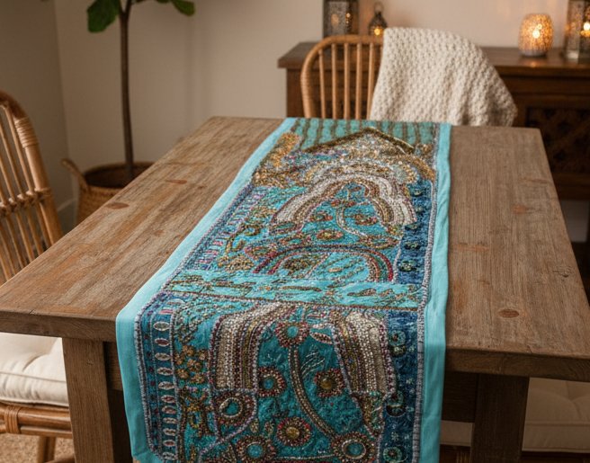Embroidered and Jeweled Blue Gujarat Table Runner
