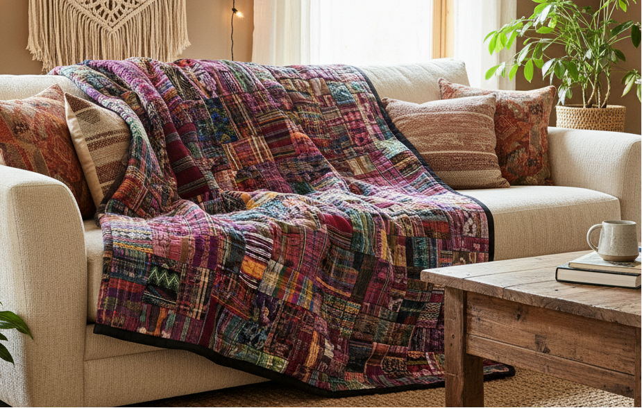 Guatemalan Rose/Mixed Pastel Embroidered Patchwork Throw Blanket