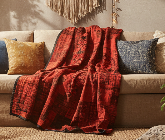 Terracotta and Rust Huipile Embroidered Throw Blanket
