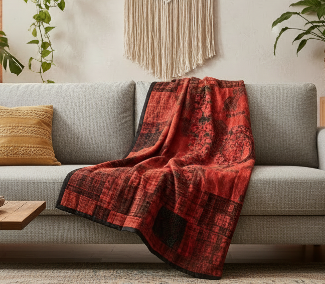 Terracotta and Rust Huipile Embroidered Throw Blanket