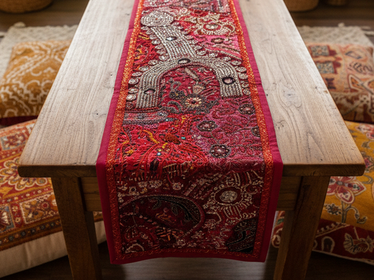 Stunning Red Handmade Embroidered & Jeweled Table Runner