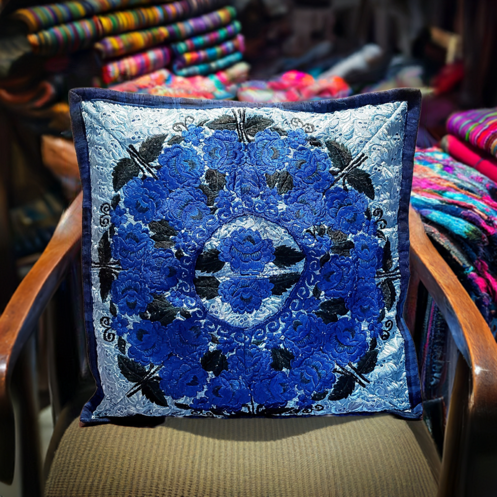 Vivid Blue Embroidered Guatemalan Throw Pillow Cover