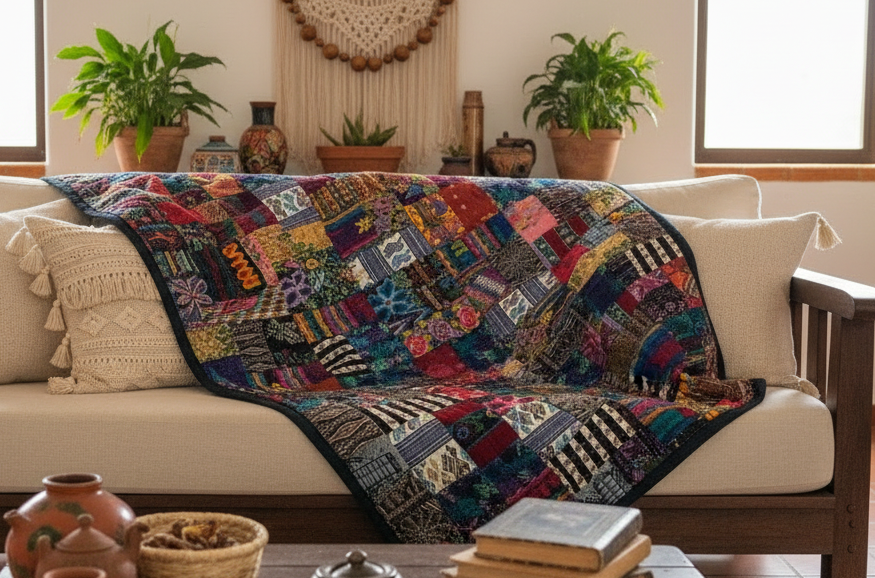 Mixed Huipile Embroidered Lap Blanket or Throw.