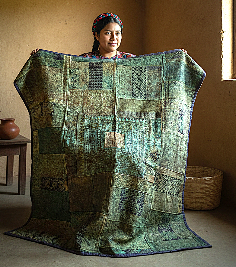 Rustic Green Guatemalan Huipile Throw Blanket