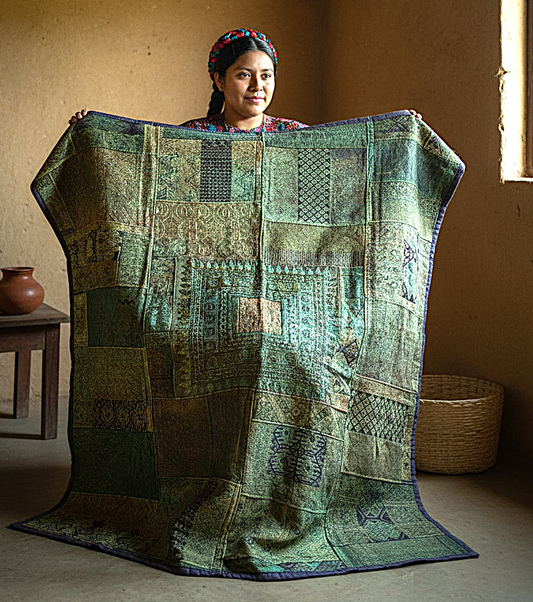 Rustic Green Guatemalan Huipile Throw Blanket