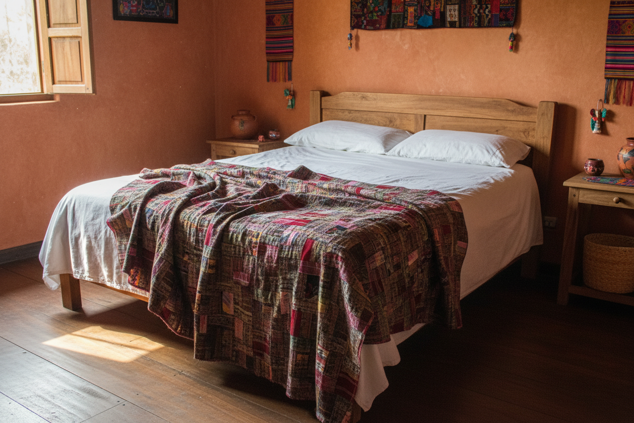 Handmade Queen-size Rose and Mixed Pastels Guatemalan Patchwork Quilt Set