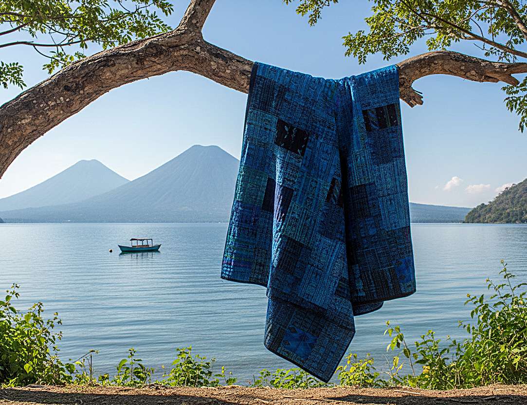 Handmade King-size Vivid Blue Guatemalan Patchwork Quilt Set
