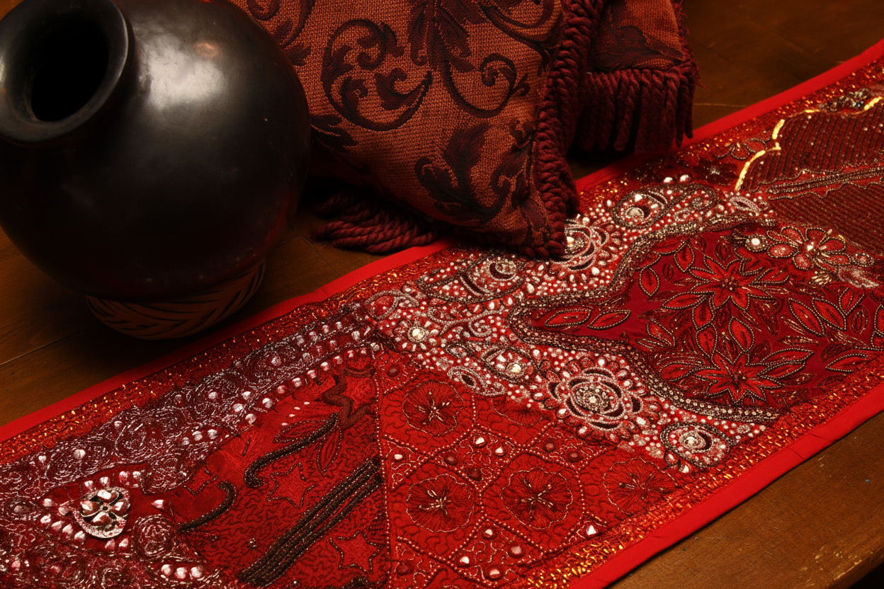 Stunning Red Handmade Embroidered & Jeweled Table Runner