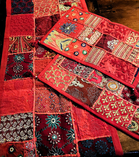 Handmade Gujarat Embroidered & Jeweled Table Runner & 6 Matching Placemats Set -Red Tones