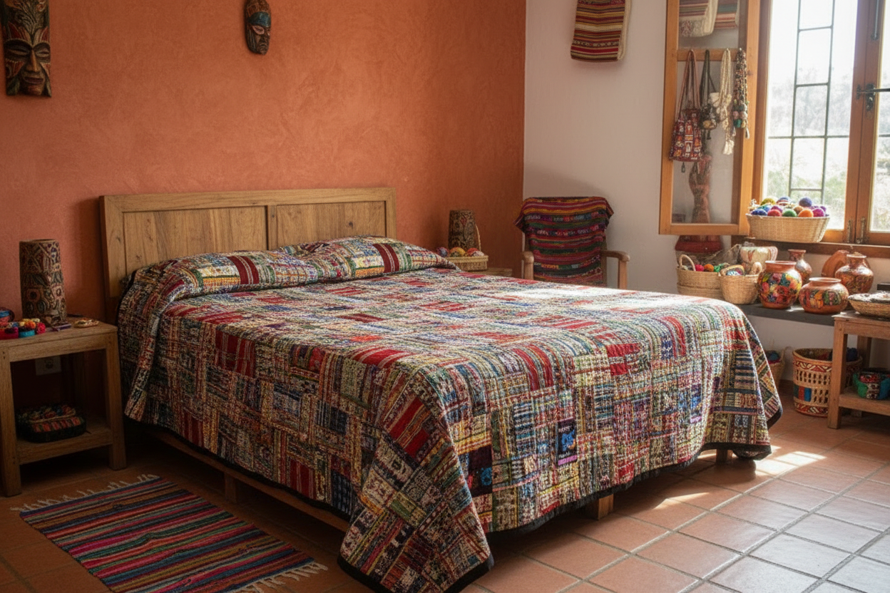 Handmade Queen-size Rose and Mixed Pastels Guatemalan Patchwork Quilt Set