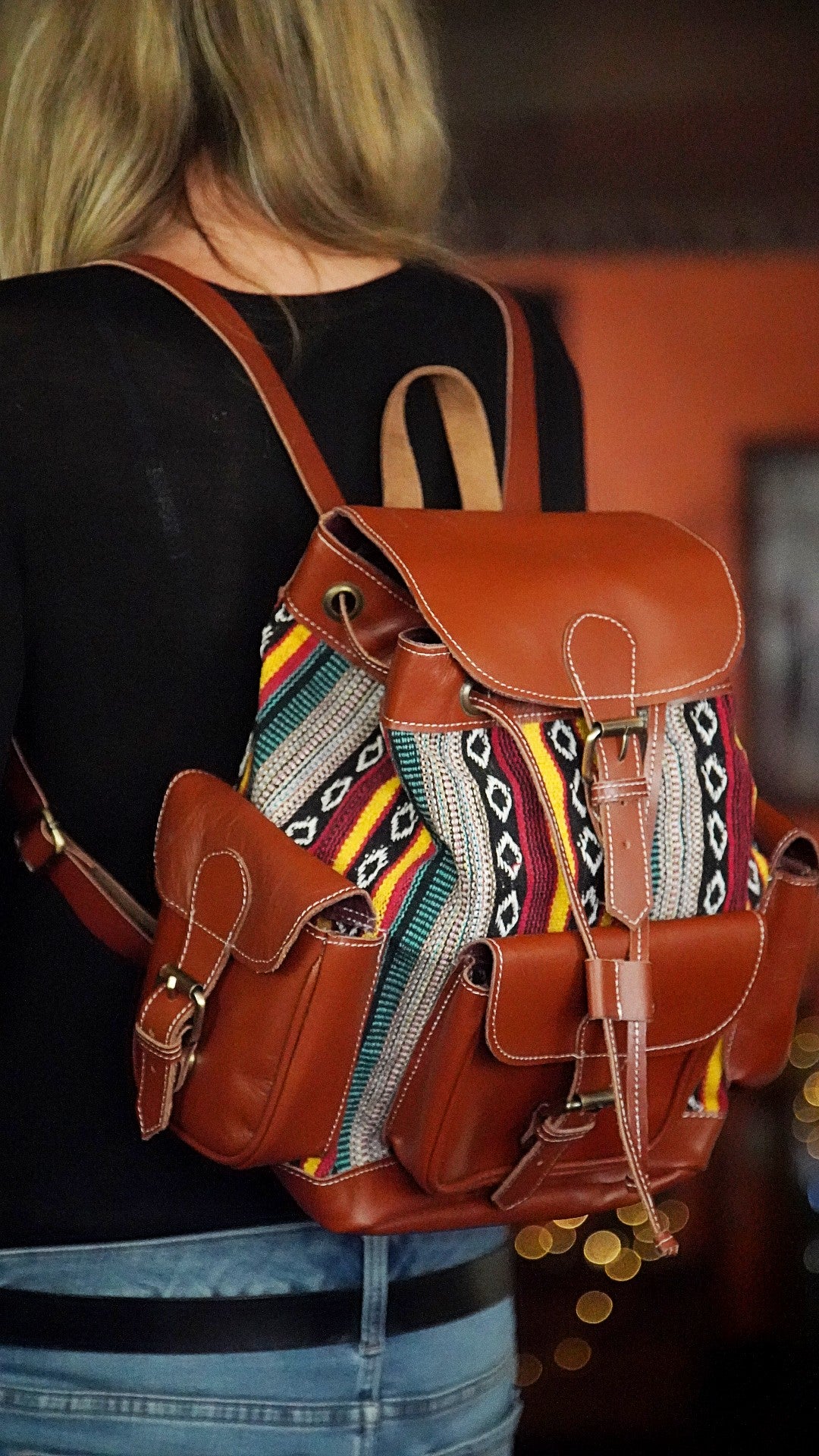Southwest Design Leather & Woven Fabric Backpack Purse