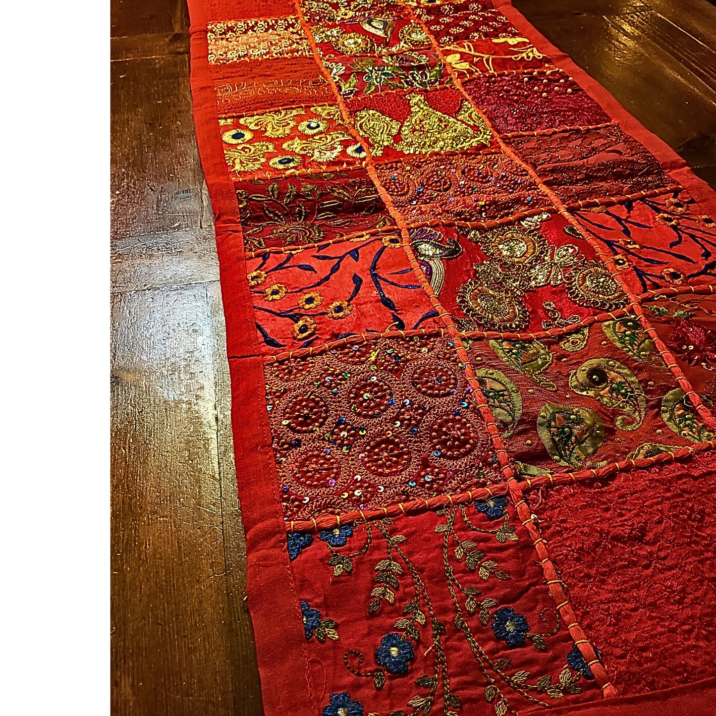 Handmade Gujarat Embroidered & Jeweled Table Runner & 6 Matching Placemats Set -Red Tones