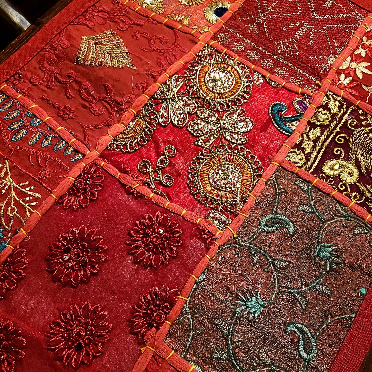 Handmade Gujarat Embroidered & Jeweled Table Runner & 6 Matching Placemats Set -Red Tones