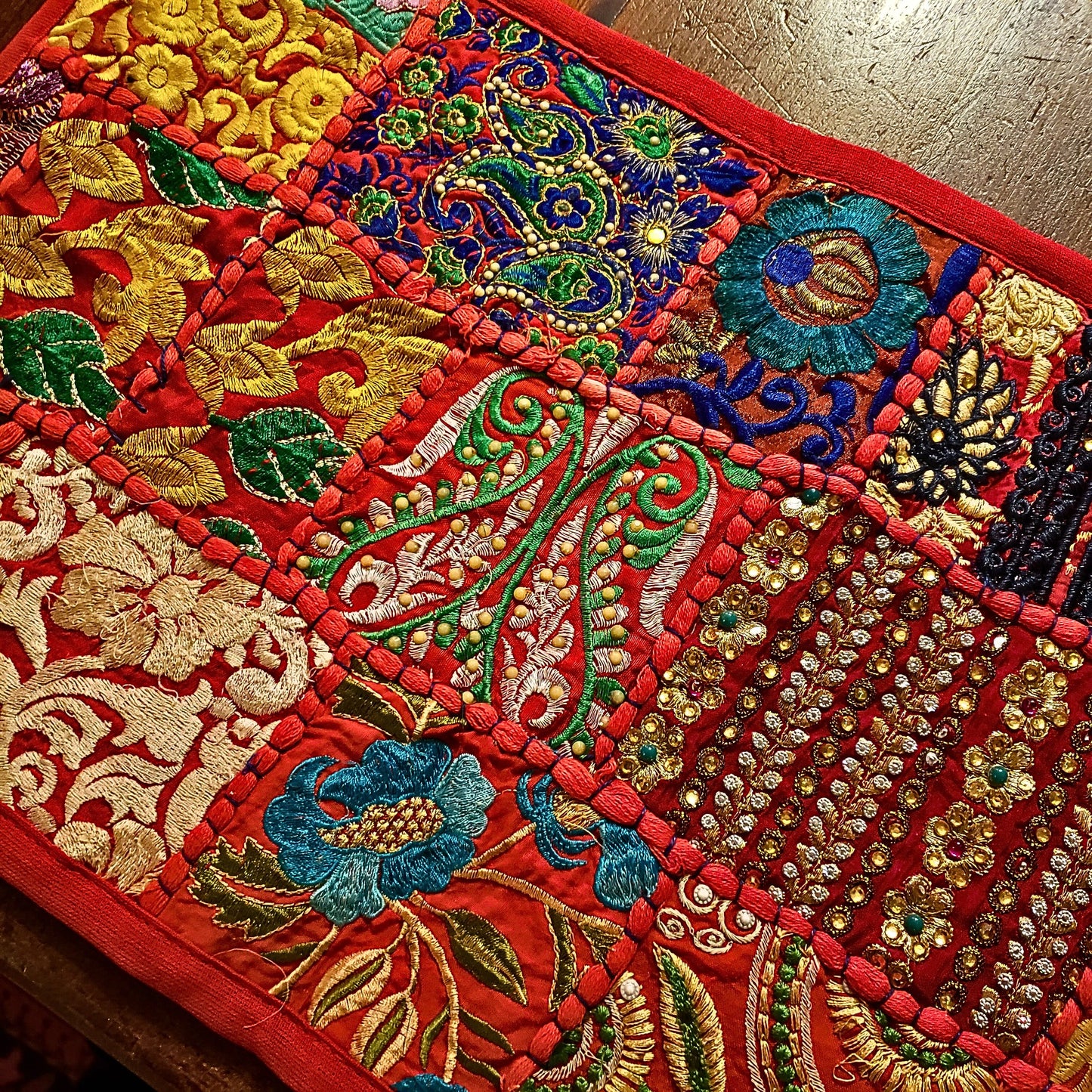 Handmade Gujarat Embroidered & Jeweled Table Runner & 6 Matching Placemats Set -Red Tones