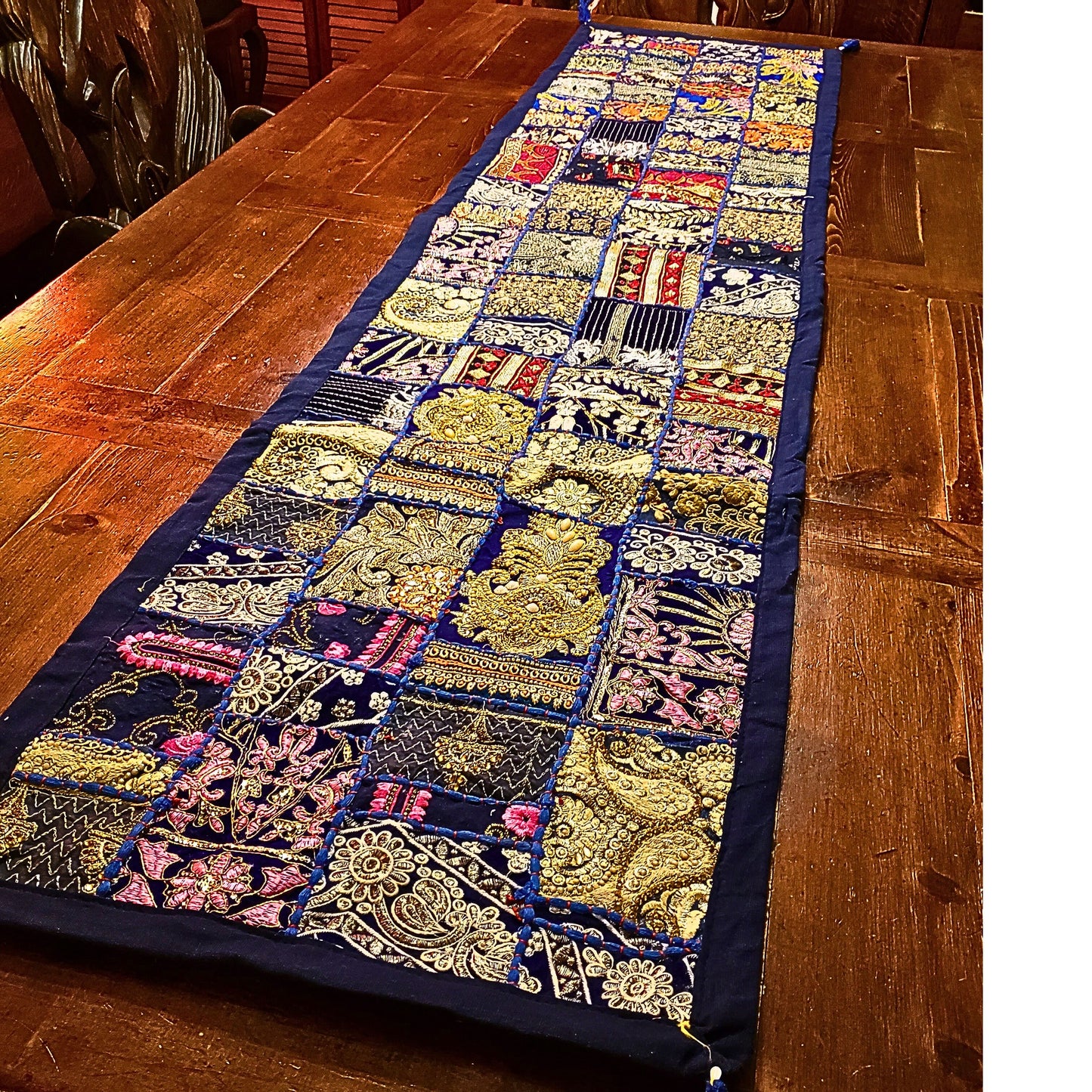 Handmade Gujarat Embroidered & Jeweled Table Runner & 6 Matching Placemat Set -Blues