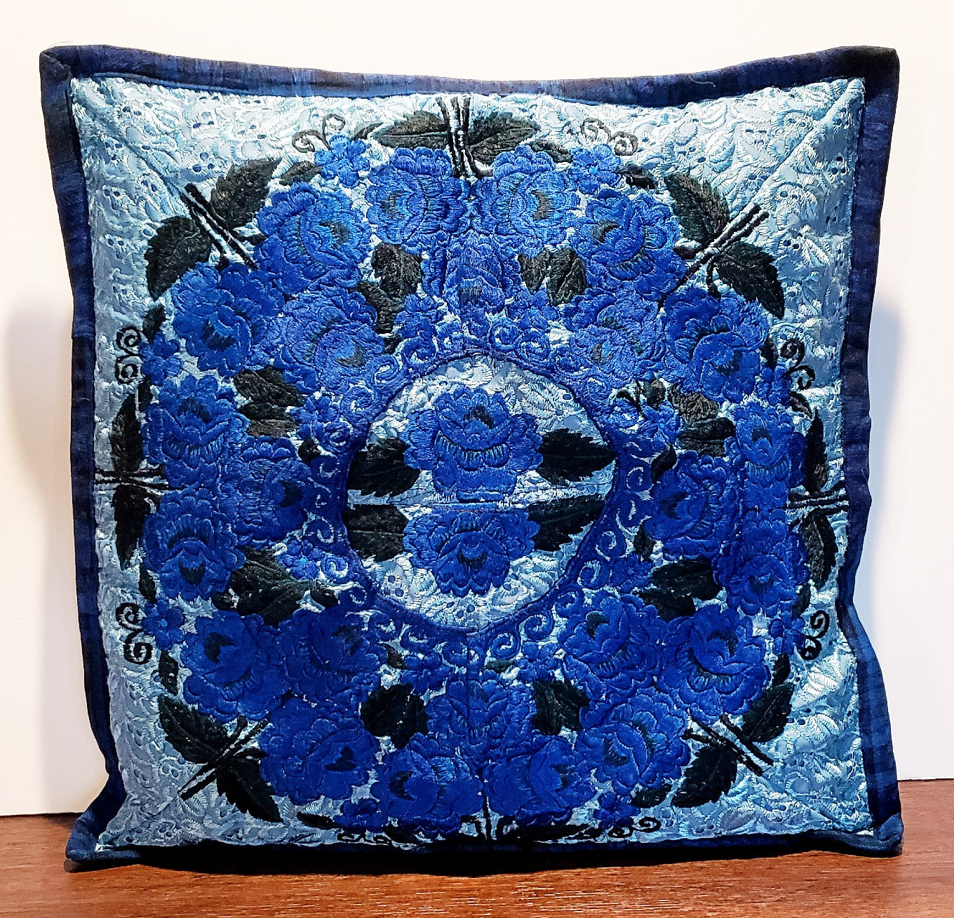 Vivid Blue Embroidered Guatemalan Throw Pillow Cover