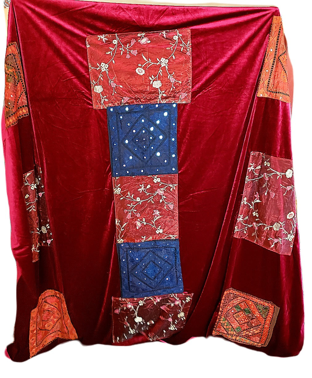 Vintage King Size Velvet Bedspread With Embroidered Patchwork